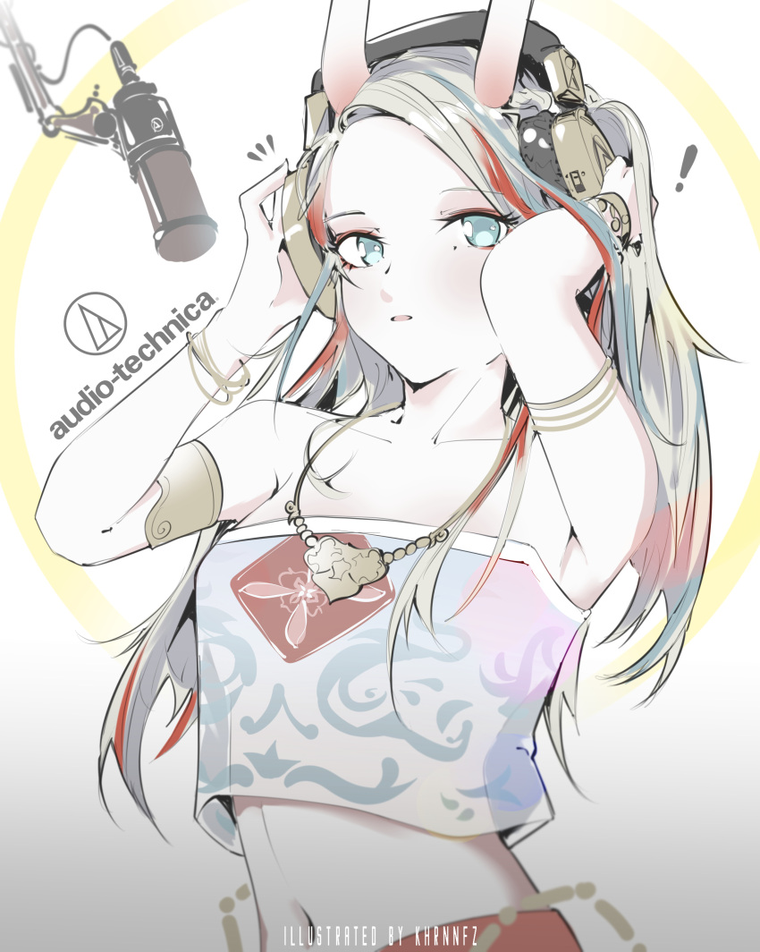 ! 1girl ^^^ a_deer_of_nine_colors absurdres antlers arknights armlet armpits arms_up bandeau blue_eyes blue_hair bracelet collarbone forehead headphones highres jewelry khrnnfz long_hair looking_at_viewer microphone multicolored_hair navel necklace nine-colored_deer parted_lips redhead silver_hair solo stomach topless two-tone_background upper_body very_long_hair white_background