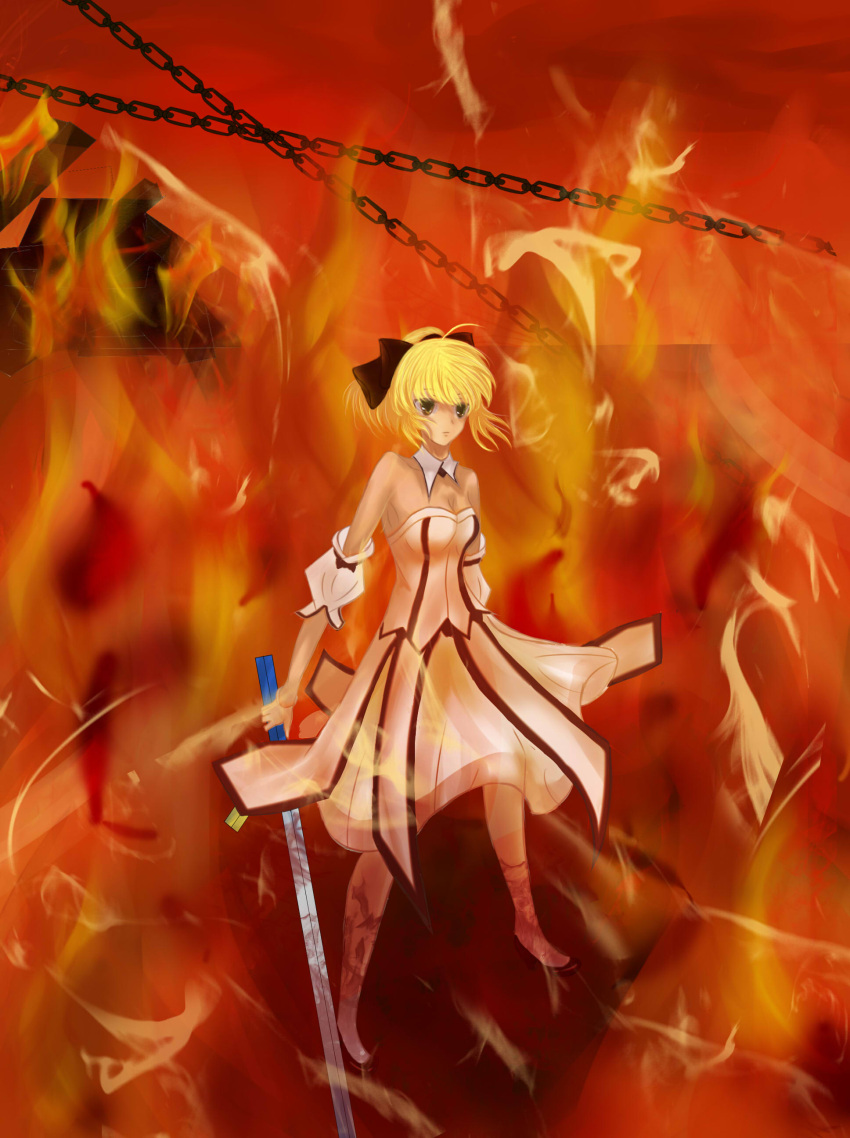 1girl artoria_pendragon_(all) black_bow blonde_hair bow breastplate caliburn dress eyebrows_visible_through_hair fate/grand_order fate/unlimited_codes fate_(series) faulds floating_hair gauntlets green_eyes hair_between_eyes hair_bow highres long_hair looking_at_viewer outdoors petals ponytail saber_lily signature sleeveless sleeveless_dress solo standing sword vivi_isa weapon white_dress