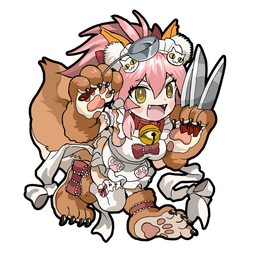 1girl animal_ear_fluff animal_ears animal_hands apron asymmetrical_legwear bangs bell blush bow breasts cat_hair_ornament cat_paws collar commentary eyebrows_visible_through_hair fangs fate/grand_order fate_(series) fox_ears fox_girl fox_tail full_body hair_between_eyes hair_bow hair_ornament highres holding holding_knife jingle_bell knife kusama_takato ladle large_breasts looking_at_viewer maid_headdress mismatched_legwear naked_apron neck_bell no_bra no_eyewear no_panties no_underwear open_mouth outline paw_print pink_eyebrows pink_hair ponytail red_bow sidelocks simple_background sleeveless smile solo tail tamamo_(fate) tamamo_cat_(fate) thigh-highs thighs tongue white_background yellow_eyes
