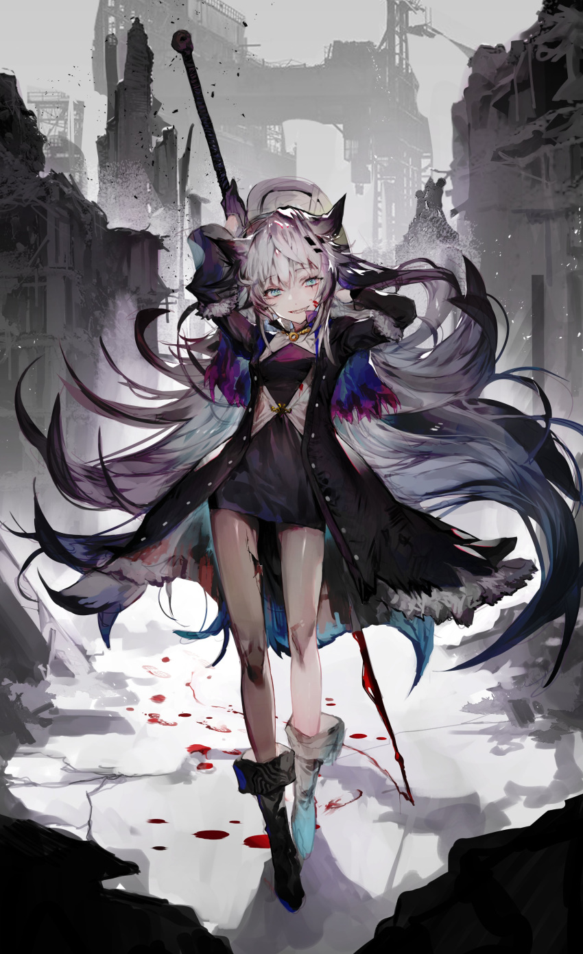 1girl :d absurdres animal_ears arknights arms_up bare_legs black_coat black_dress black_footwear black_hair blood blood_on_face blood_on_weapon blue_eyes boots breasts coat dress full_body fur-trimmed_sleeves fur_trim gradient_hair highres holding holding_sword holding_weapon kkuekkue_(chifer1958) knee_boots lappland_(arknights) lappland_(refined_horrormare)_(arknights) long_hair long_sleeves looking_at_viewer multicolored_hair official_alternate_costume open_clothes open_coat oripathy_lesion_(arknights) outdoors parted_lips ruins scar scar_across_eye sharp_teeth shoe_print short_dress silver_hair small_breasts smile solo sword teeth very_long_hair walking weapon wolf_ears