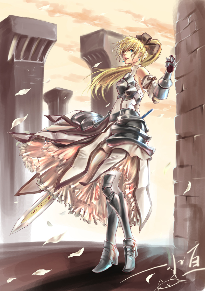 1girl artoria_pendragon_(all) black_bow blonde_hair bow breastplate caliburn dress eyebrows_visible_through_hair fate/grand_order fate/unlimited_codes fate_(series) faulds floating_hair gauntlets green_eyes hair_between_eyes hair_bow highres kowataru long_hair looking_at_viewer outdoors petals ponytail saber_lily signature sleeveless sleeveless_dress solo standing sword weapon white_dress