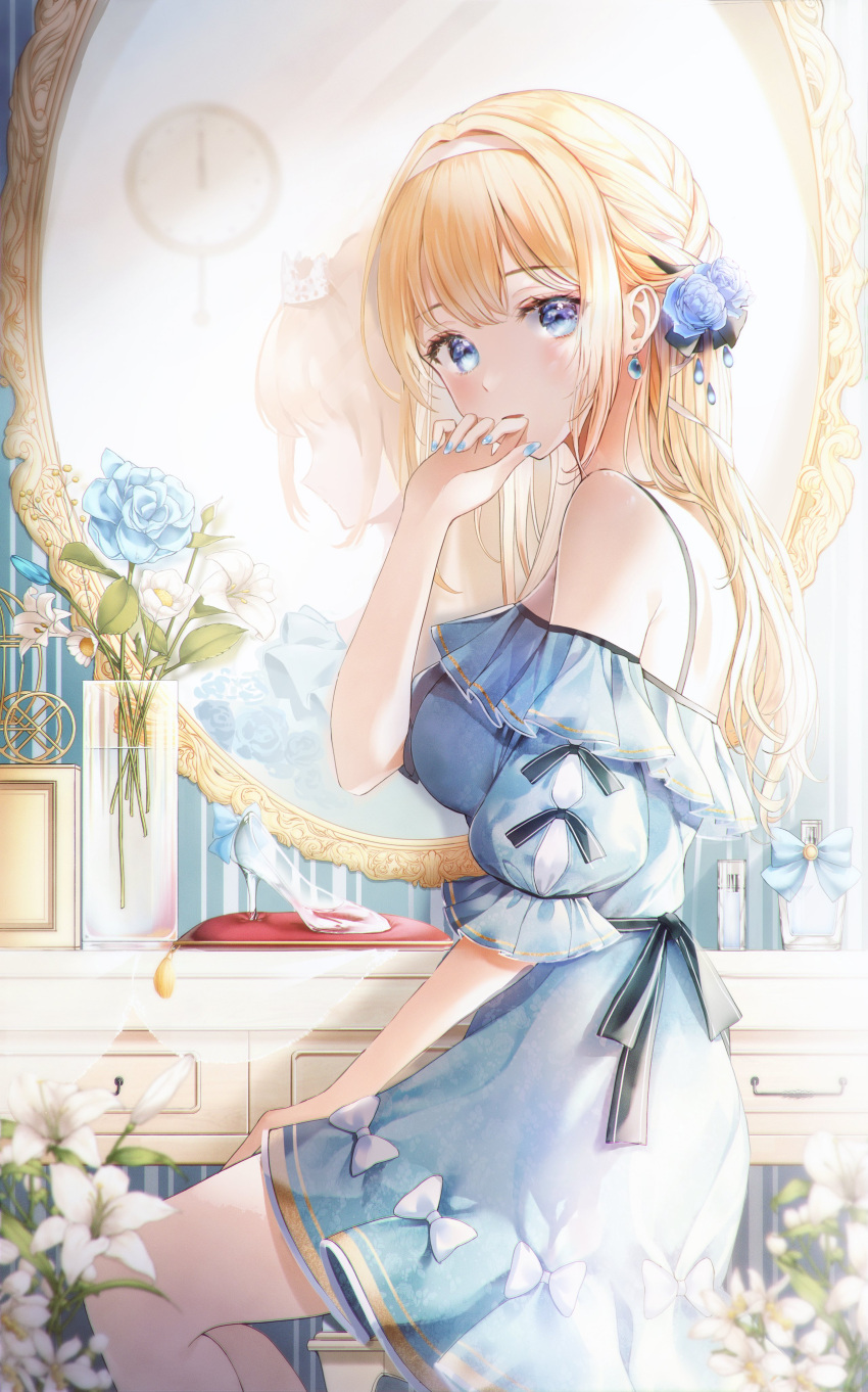 1girl absurdres bangs bare_shoulders blonde_hair blue_dress blue_eyes blue_flower blush braid cinderella dress flower frilled_dress frills glass_slipper hair_flower hair_ornament hand_up highres indoors long_hair looking_at_viewer looking_back mirror nail_polish parted_lips sitting solo table white_flower yuna_(deadawon)