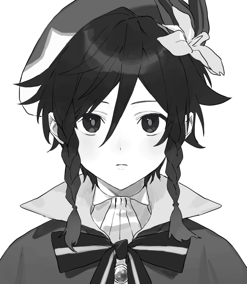 1boy bangs bow braid closed_mouth commentary_request expressionless flower genshin_impact greyscale hair_between_eyes hat hat_flower high_collar highres looking_at_viewer male_focus monochrome poi_poifu portrait simple_background solo twin_braids venti_(genshin_impact)