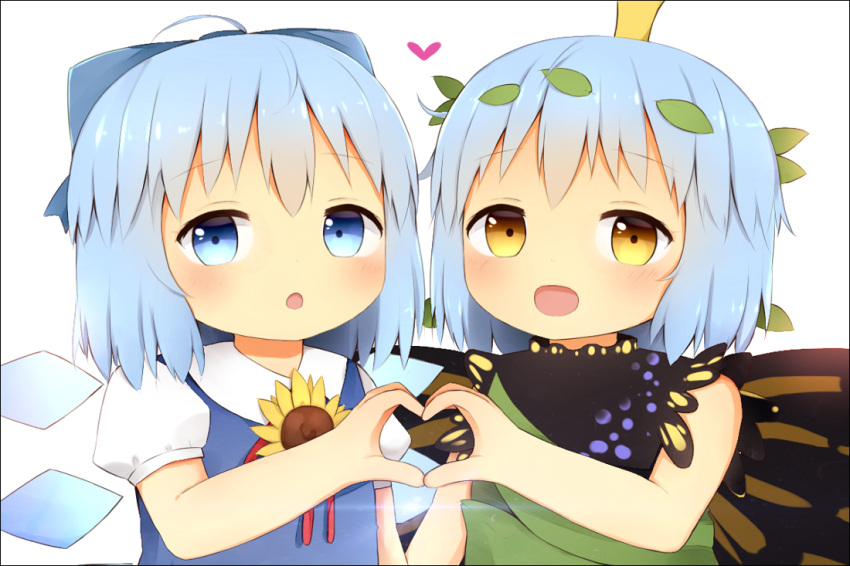 2girls antennae antidote aqua_hair blue_bow blue_dress blue_eyes blue_hair blush bow butterfly_wings cirno collared_shirt detached_wings dress eternity_larva eyebrows_visible_through_hair fairy flower green_dress hair_between_eyes hair_bow heart heart_hands heart_hands_duo ice ice_wings leaf leaf_on_head multicolored_clothes multicolored_dress multiple_girls open_mouth puffy_short_sleeves puffy_sleeves shirt short_hair short_sleeves simple_background single_strap smile sunflower tanned_cirno touhou upper_body white_background white_shirt wings yellow_eyes yellow_flower