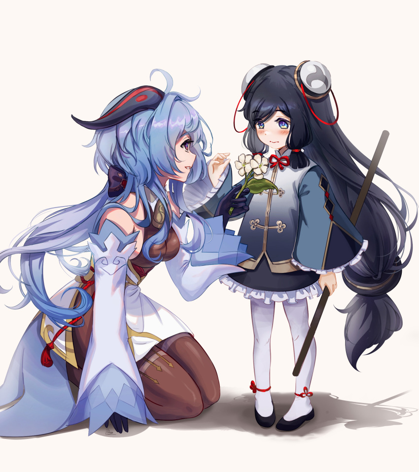 2girls ahoge arm_up bangs bare_shoulders bell black_gloves blue_eyes blue_hair blush bodice breasts brown_bodysuit brown_legwear chinese_clothes chinese_knot cowbell dark_blue_hair double_bun english_commentary flats flower flustered frilled_sleeves frills full_body ganyu_(genshin_impact) genshin_impact giving gloves goat_horns highres holding holding_flower holding_stick holding_weapon horns kneeling large_breasts long_hair low-tied_long_hair mihan77108047 multiple_girls neck_bell pantyhose red_horns red_rope rope seiza shenhe_(genshin_impact) shiny shiny_hair sidelocks simple_background sitting smile standing stick thighband_pantyhose weapon white_background white_legwear wide_sleeves younger