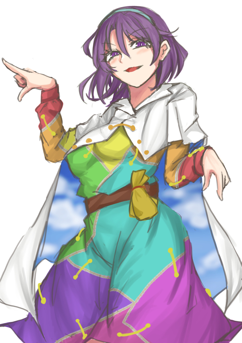 1girl absurdres cape cloak cloud_print dress eyebrows_visible_through_hair eyelashes hairband highres kuraki long_sleeves multicolored_clothes multicolored_dress multicolored_hairband open_mouth patchwork_clothes pointing purple_dress purple_footwear rainbow_gradient short_hair simple_background sky_print tenkyuu_chimata touhou two-sided_cape two-sided_fabric violet_eyes white_background white_cape white_cloak zipper