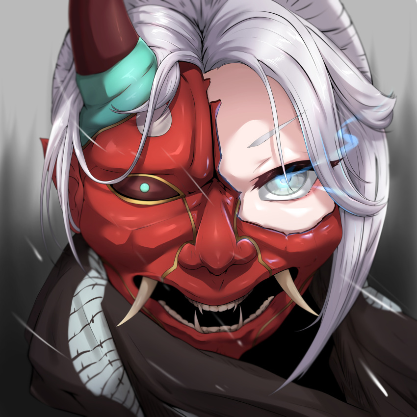 1girl apex_legends bangs black_scarf broken_mask demon's_whisper_wraith glowing glowing_eye grey_eyes grey_hair highres horns looking_at_viewer mask official_alternate_costume one_eye_covered oni_mask parted_bangs portrait scarf solo sygnuss.exe v-shaped_eyebrows wraith_(apex_legends)