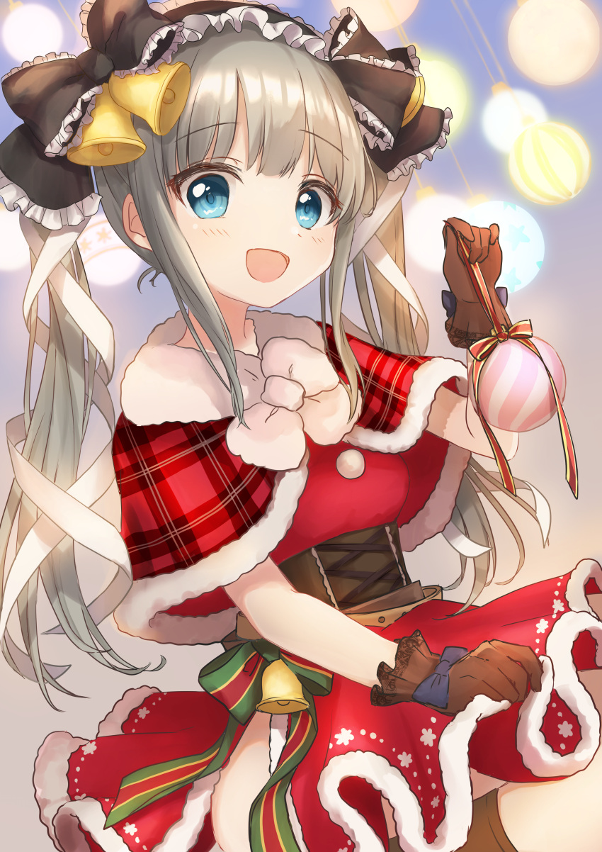 1girl absurdres bangs bell black_hairband black_ribbon blue_eyes brown_gloves capelet christmas christmas_ornaments commentary dress eyebrows_visible_through_hair frilled_hairband frills fur-trimmed_capelet fur-trimmed_dress fur_trim gloves hair_bell hair_ornament hair_ribbon hairband highres long_hair looking_at_viewer open_mouth original plaid_capelet red_capelet red_dress ribbon short_dress silver_hair smile solo twintails yaminabe_(szhal14)
