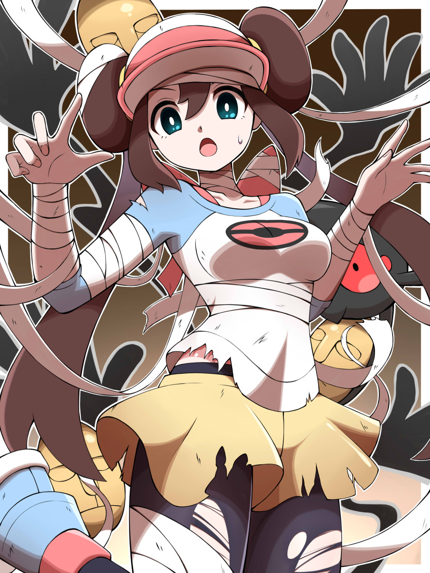 1girl absurdres bandaged_arm bandaged_leg bandaged_wrist bandages blue_eyes bound bound_wrists breasts brown_hair dirty dirty_clothes double_bun hands_up highres large_breasts leggings legwear_under_shorts long_hair long_sleeves looking_at_viewer open_mouth poke_ball_print pokemon pokemon_(game) pokemon_bw2 raglan_sleeves rosa_(pokemon) shabana_may shirt shorts sidelocks solo_focus torn_clothes torn_legwear twintails visor_cap yamask yellow_shorts