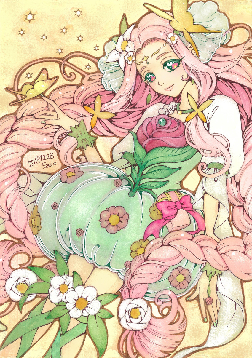 1girl absurdres artist_name bow braid bubble_skirt bug butterfly butterfly_on_hand choker closed_mouth cure_felice dated dress dress_flower fingernails flower flower_in_eye green_choker green_dress green_eyes green_nails green_ribbon hair_flower hair_ornament hanami_kotoha highres leg_ribbon light_smile long_hair looking_at_viewer magical_girl mahou_girls_precure! multicolored_eyes painting_(medium) pink_bow pink_eyes pink_hair pouch precure ribbon sayococco short_dress signature skirt solo symbol_in_eye traditional_media twin_braids watercolor_(medium) wrist_cuffs yellow_background