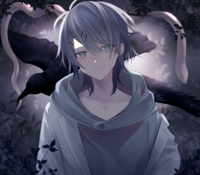 1boy bird crow grey_eyes grey_hair hair_ornament hairclip head_tilt highres leaf looking_at_viewer male_focus moonlight muon original pale_skin smile snake solo solo_focus white_snake