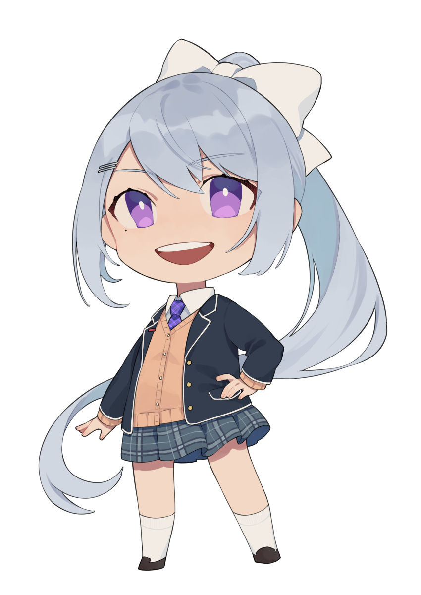 1girl absurdres arata_(user_jjxc7843) beige_vest black_jacket blazer blue_necktie bright_pupils chibi collared_shirt eyebrows_visible_through_hair grey_skirt hand_on_hip highres higuchi_kaede jacket long_hair looking_at_viewer mole mole_under_eye necktie nijisanji plaid plaid_skirt ponytail school_uniform shirt silver_hair skirt solo violet_eyes virtual_youtuber white_background white_pupils