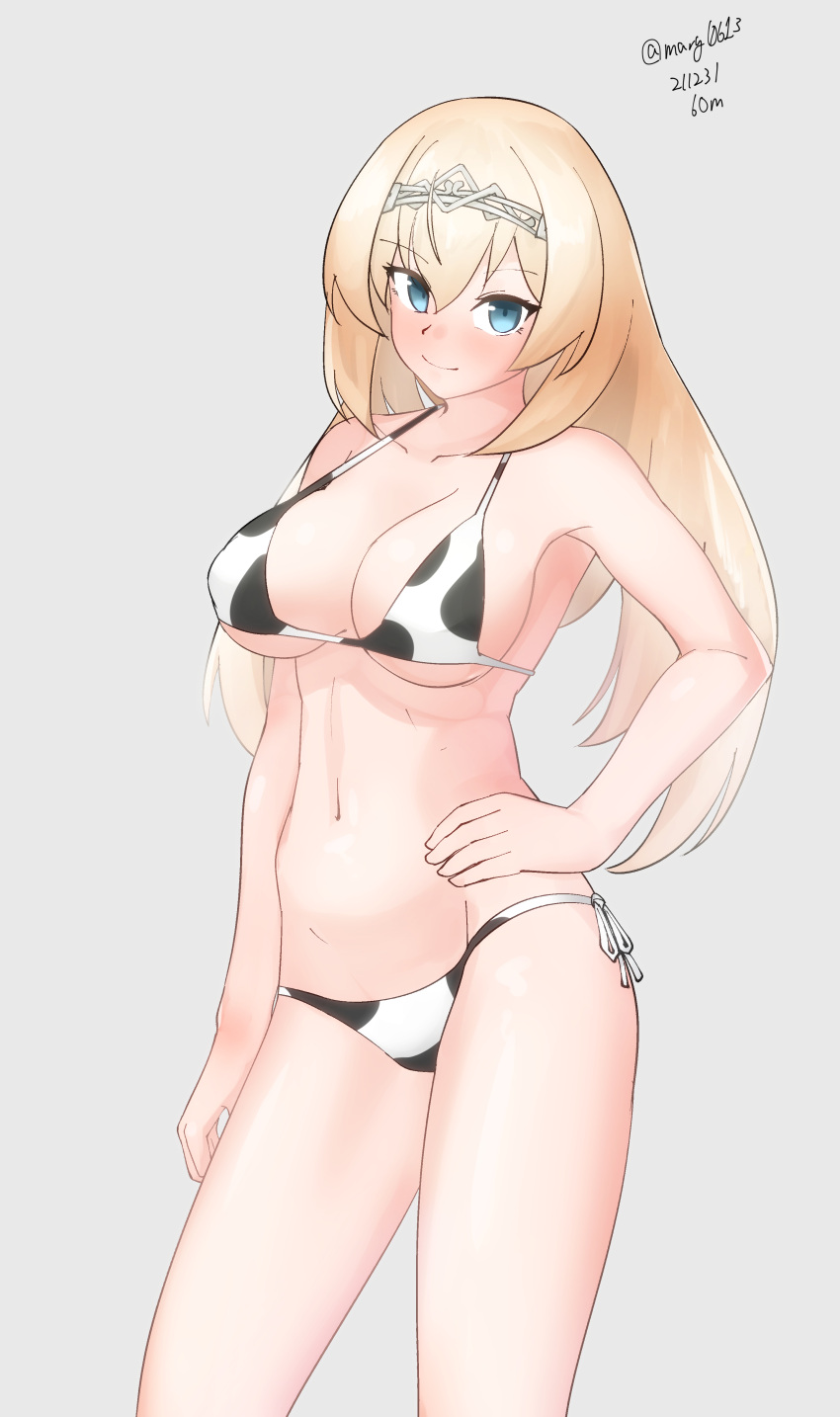 1girl absurdres animal_print bikini blonde_hair blue_eyes breasts contrapposto cow_print dated grey_background hand_on_hip highres kantai_collection large_breasts long_hair looking_at_viewer maru_(marg0613) side-tie_bikini simple_background solo swimsuit tiara twitter_username victorious_(kancolle) white_bikini