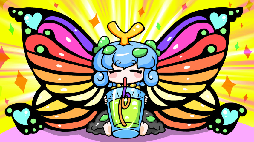 1girl antennae aqua_hair barefoot black_dress blush_stickers butterfly_wings closed_eyes cup dress drink drinking drinking_glass drinking_straw drinking_straw_in_mouth edowan eternity_larva eyebrows_visible_through_hair fairy hair_between_eyes highres leaf leaf_on_head short_hair solo sparkle thick_eyebrows touhou wings