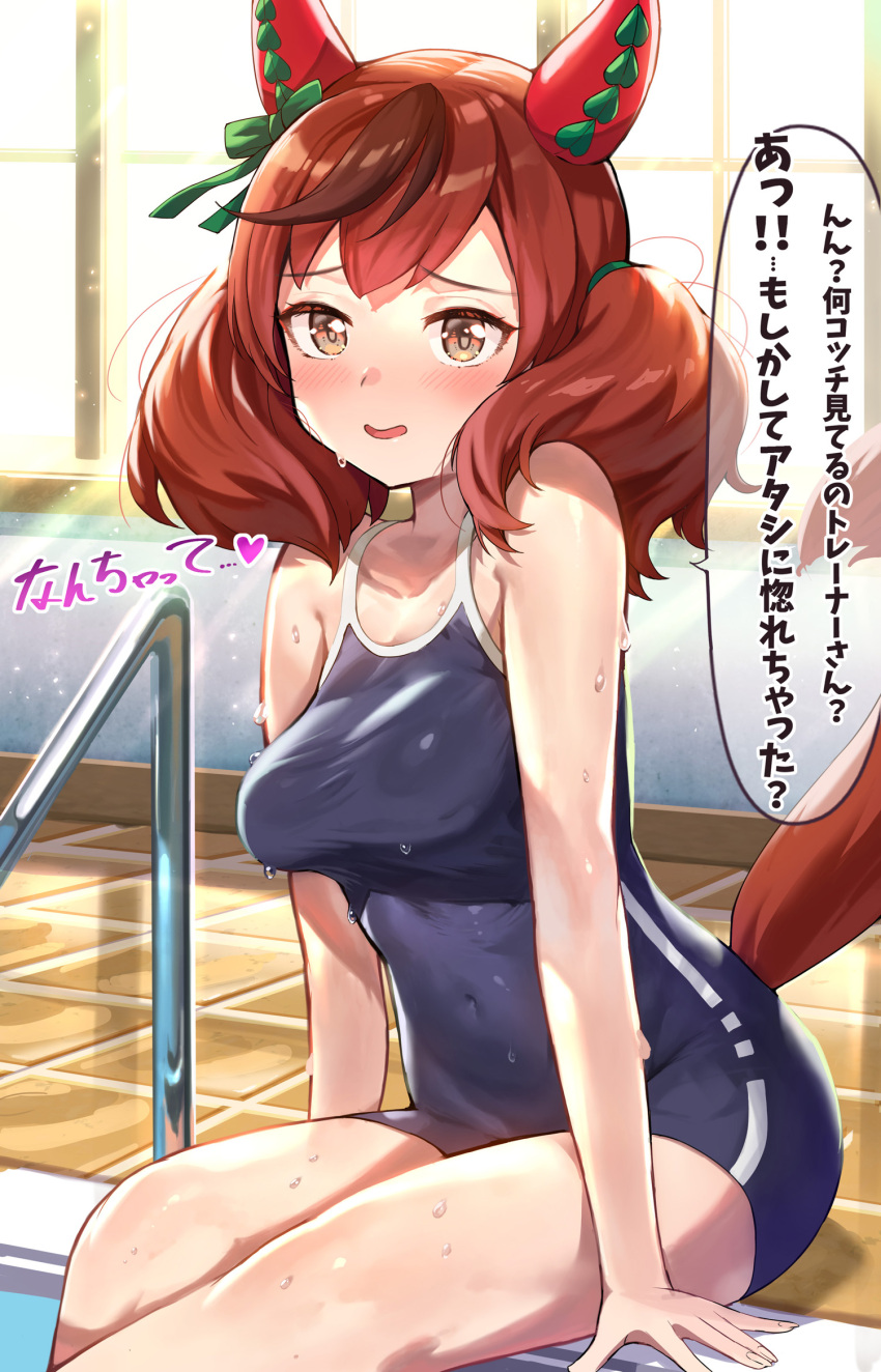 1girl animal_ears blue_swimsuit breasts brown_hair covered_navel highres horse_ears horse_girl horse_tail looking_at_viewer medium_breasts mikumo_(lpmkookm) multicolored_hair nice_nature_(umamusume) one-piece_swimsuit pool redhead school_swimsuit short_hair sitting solo speech_bubble streaked_hair swimsuit tail thighs translation_request twintails umamusume wet yellow_eyes