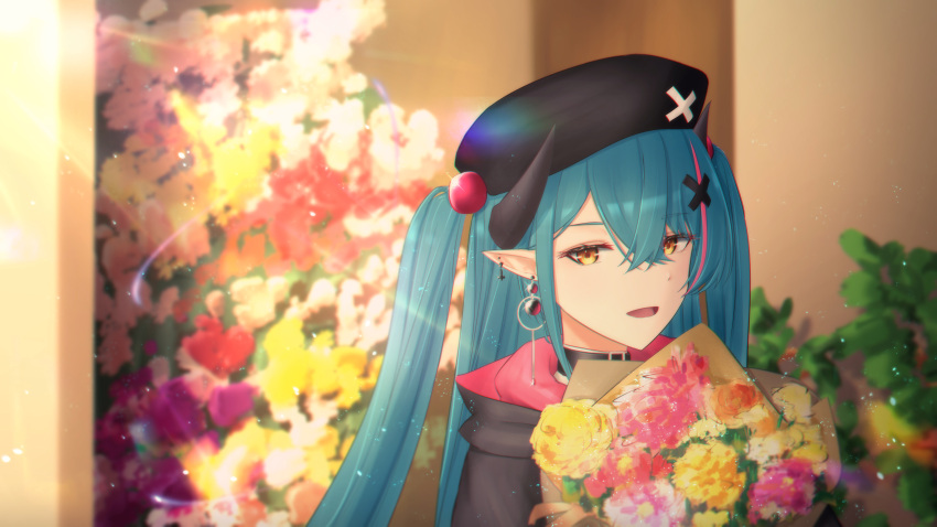 1girl absurdres beret black_choker black_headwear black_jacket blue_hair bouquet chinese_commentary choker commission demon_girl demon_horns haru_(moyun17) hat highres holding holding_bouquet horns jacket karon_(vtuber) karon_official lens_flare multicolored_hair nijisanji open_mouth pink_hair portrait second-party_source solo streaked_hair two_side_up virtual_youtuber virtuareal