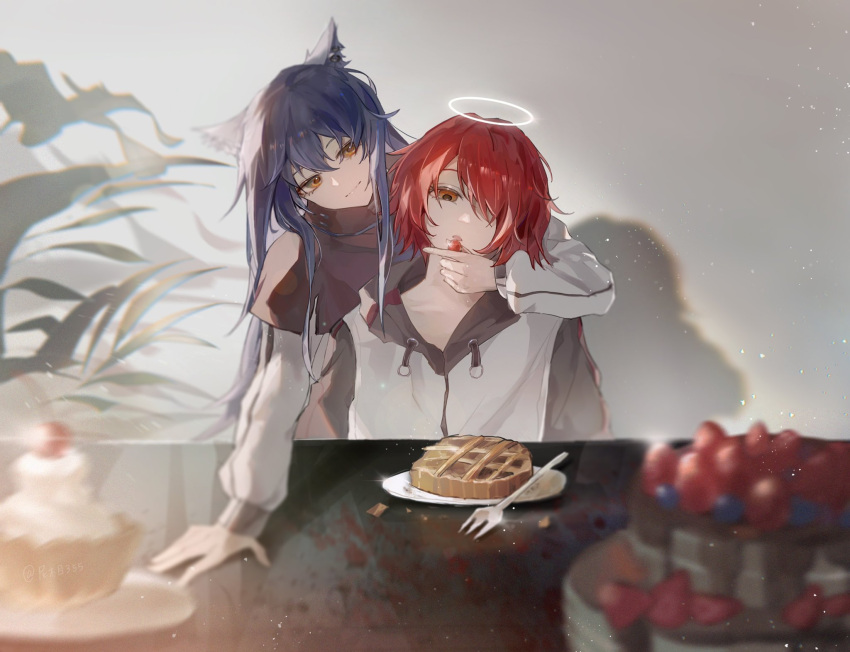 2girls animal_ear_fluff animal_ears arknights arm_support black_capelet blue_hair cake capelet closed_mouth cupcake exusiai_(arknights) feeding food fork fruit hair_over_one_eye halo highres holding holding_food holding_fruit jacket leaning_forward long_hair multiple_girls nininisama orange_eyes plate redhead short_hair smile strawberry texas_(arknights) upper_body white_jacket wolf_ears