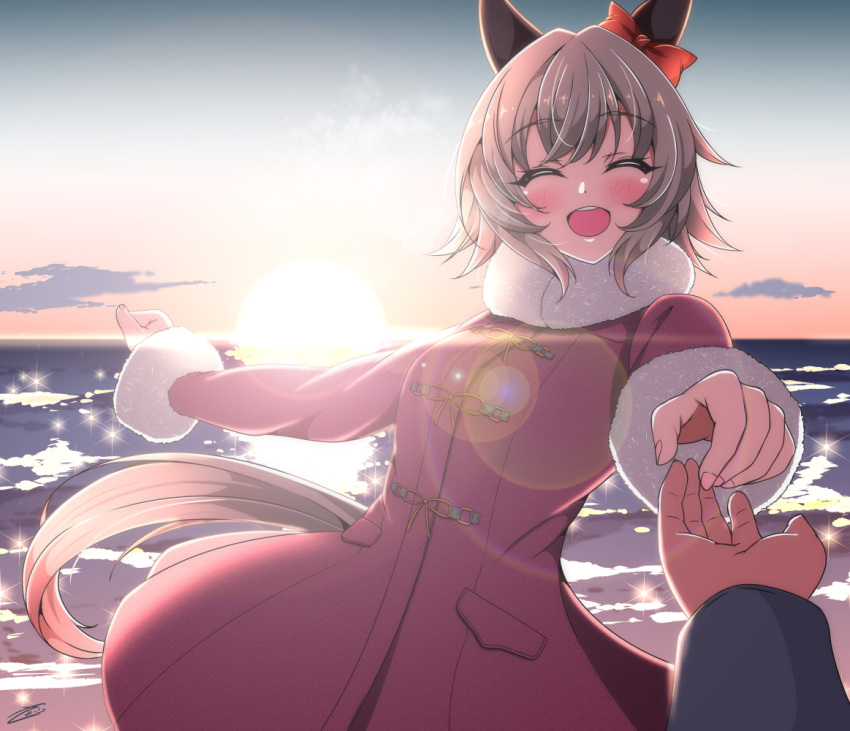1boy 1girl animal_ears bangs beach blush bow closed_eyes clouds coat curren_chan_(umamusume) ear_bow eyebrows_visible_through_hair facing_viewer fur-trimmed_sleeves fur_collar fur_trim grey_hair horse_ears horse_girl horse_tail lens_flare open_mouth outdoors outstretched_arm pov red_bow red_coat sayossa_(pak-front) short_hair signature smile solo_focus sunrise tail teeth umamusume upper_teeth water winter_clothes winter_coat