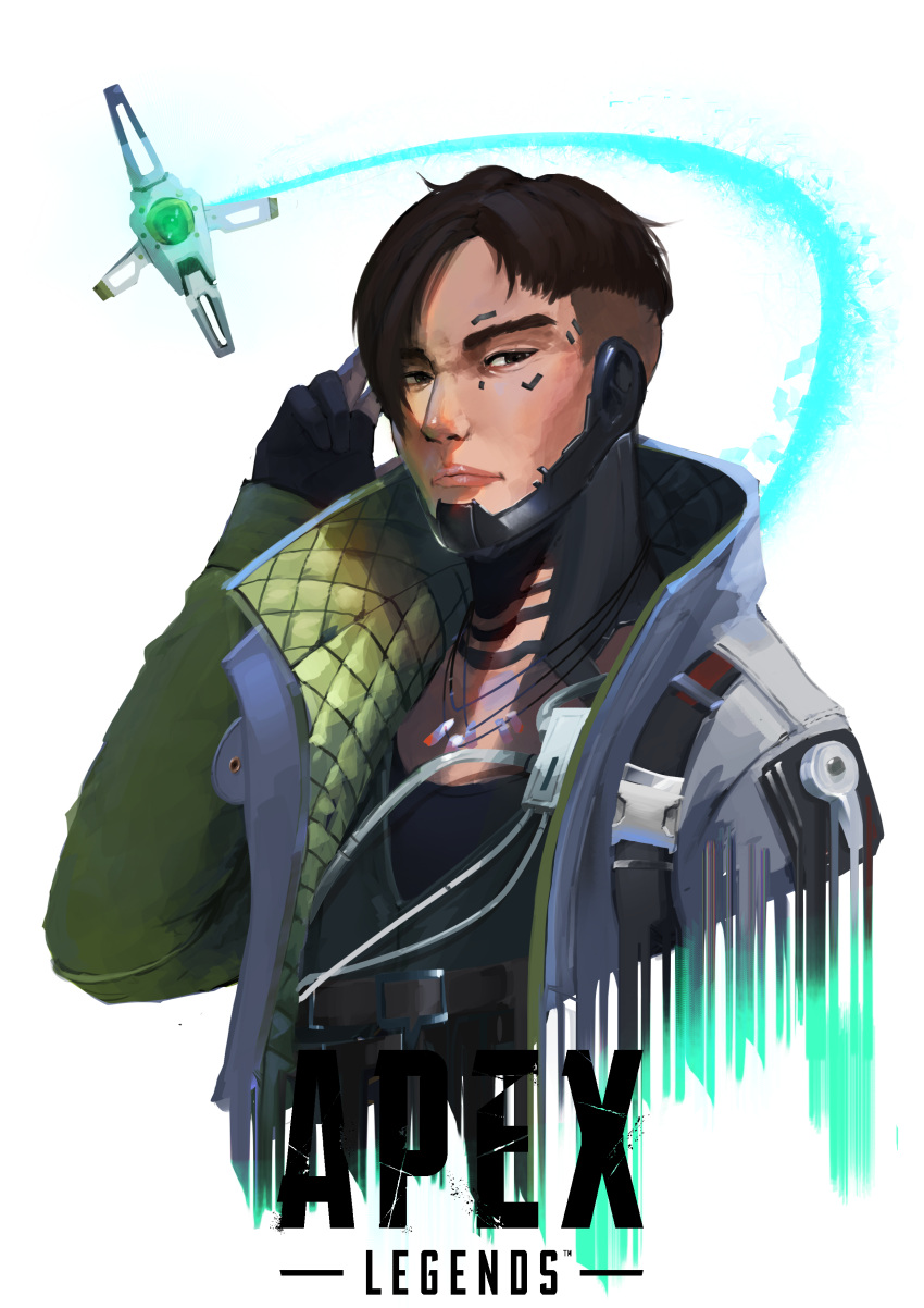 1boy absurdres apex_legends asian black_gloves black_hair black_shirt brown_eyes copyright_name cropped_torso crypto_(apex_legends) drone frown gloves glowing green_vest hack_(apex_legends) highres jacket jewelry logo male_focus necklace partially_fingerless_gloves reborns shirt solo upper_body vest white_background white_jacket