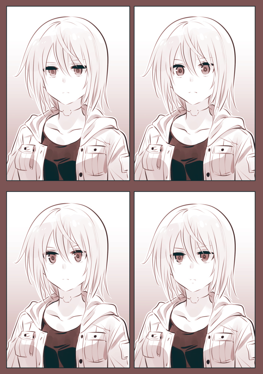 1girl absurdres android bangs commentary_request expressionless hair_between_eyes highres hood hooded_jacket ishiyumi jacket looking_ahead mechanical_buddy_universe momdroid_(mechanical_buddy_universe) monochrome multiple_views portrait sepia shirt short_hair surprised wide-eyed