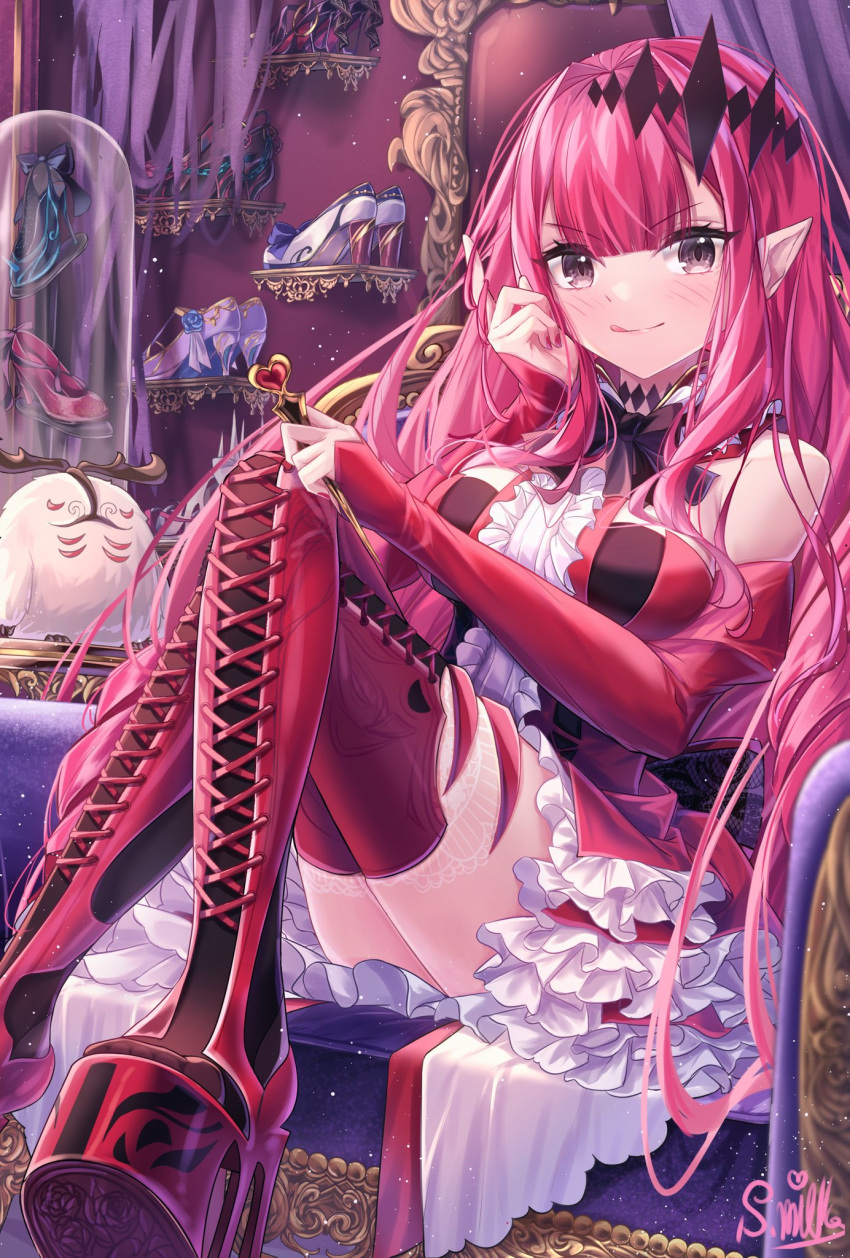 1girl bangs bare_shoulders boots breasts center_frills crossed_legs detached_collar detached_sleeves dress earrings fairy_knight_tristan_(fate) fate/grand_order fate_(series) frills grey_eyes highres jewelry large_breasts long_hair looking_at_viewer nattsu_(nattu888_8) pink_hair pointy_ears red_dress red_footwear sidelocks sitting smile solo thigh-highs thigh_boots tiara