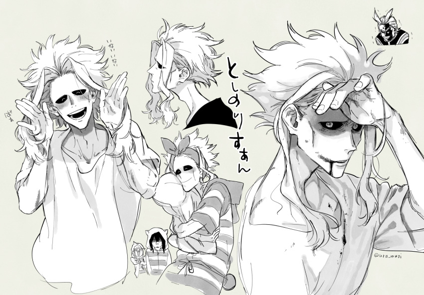 :d adam's_apple all_might black_sclera blood blood_from_mouth blood_on_clothes blood_on_face blush boku_no_hero_academia collage collarbone colored_sclera eraser_head_(boku_no_hero_academia) gaunt greyscale highres monochrome multiple_boys multiple_views object_hug onesie present_mic short_hair_with_long_locks sidelocks simple_background smile translation_request ura_musi yagi_toshinori