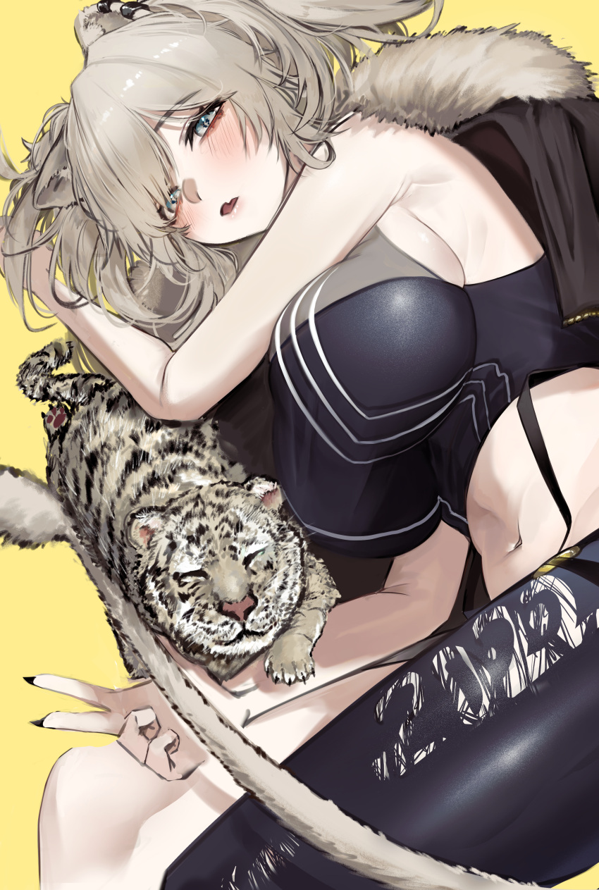 1girl 2022 absurdres animal_ears bangs bare_arms black_jacket black_legwear black_nails blush breasts chinese_zodiac commentary_request crop_top fang fingernails from_above fur_trim grey_eyes grey_hair half-closed_eyes highres hololive jacket large_breasts lion_ears lion_girl lion_tail long_fingernails long_hair looking_at_viewer lying midriff mookie_(e_mook9) navel on_side open_mouth sharp_fingernails shishiro_botan sideboob single_leg_pantyhose skin_fang solo tail tiger very_long_fingernails virtual_youtuber w year_of_the_tiger