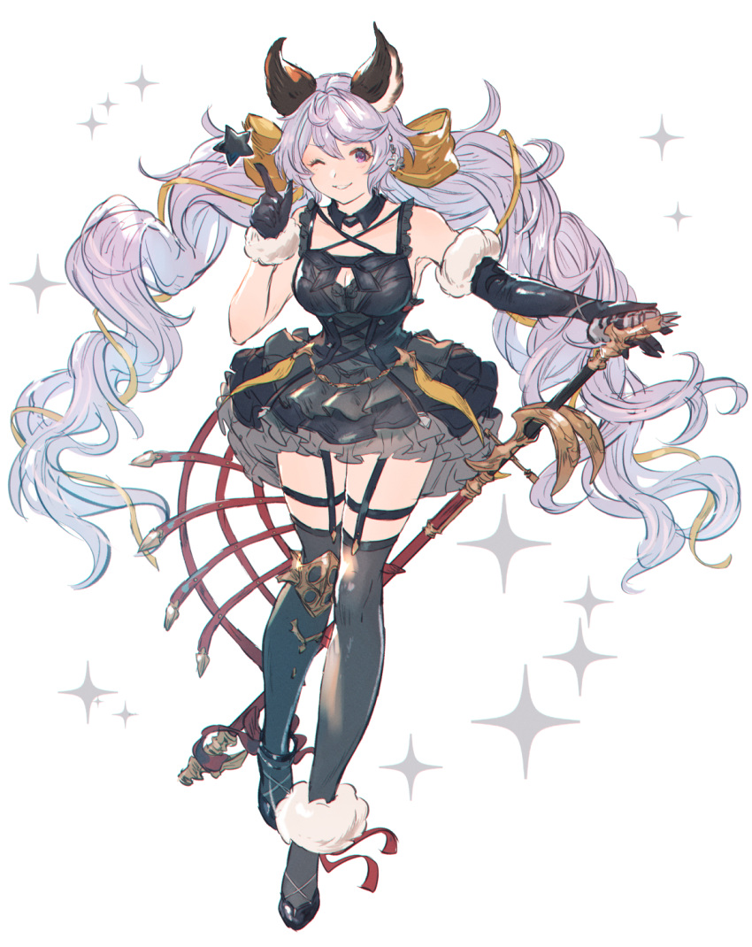 1girl animal_ears anklet armpit_crease bangs bare_shoulders black_dress black_gloves black_legwear breasts cleavage_cutout clothing_cutout covered_mouth detached_collar dress elbow_gloves full_body garter_straps gloves granblue_fantasy grey_hair hair_ornament high_heels highres holding holding_microphone index_finger_raised jewelry layered_dress long_hair looking_at_viewer medium_breasts microphone microphone_stand one_eye_closed satyr_(granblue_fantasy) shimatani_azu short_dress single_elbow_glove smile solo sparkle star_(symbol) thigh-highs twintails violet_eyes white_background