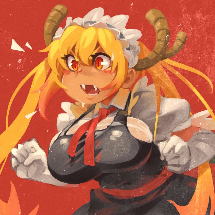 1girl apron ascot black_apron bra_visible_through_clothes clenched_hands dragon_girl dragon_horns fangs gloves highres horns khyle. kobayashi-san_chi_no_maidragon maid maid_apron maid_headdress orange_eyes puffy_sleeves red_ascot red_background sharp_teeth teeth tohru_(maidragon) white_gloves