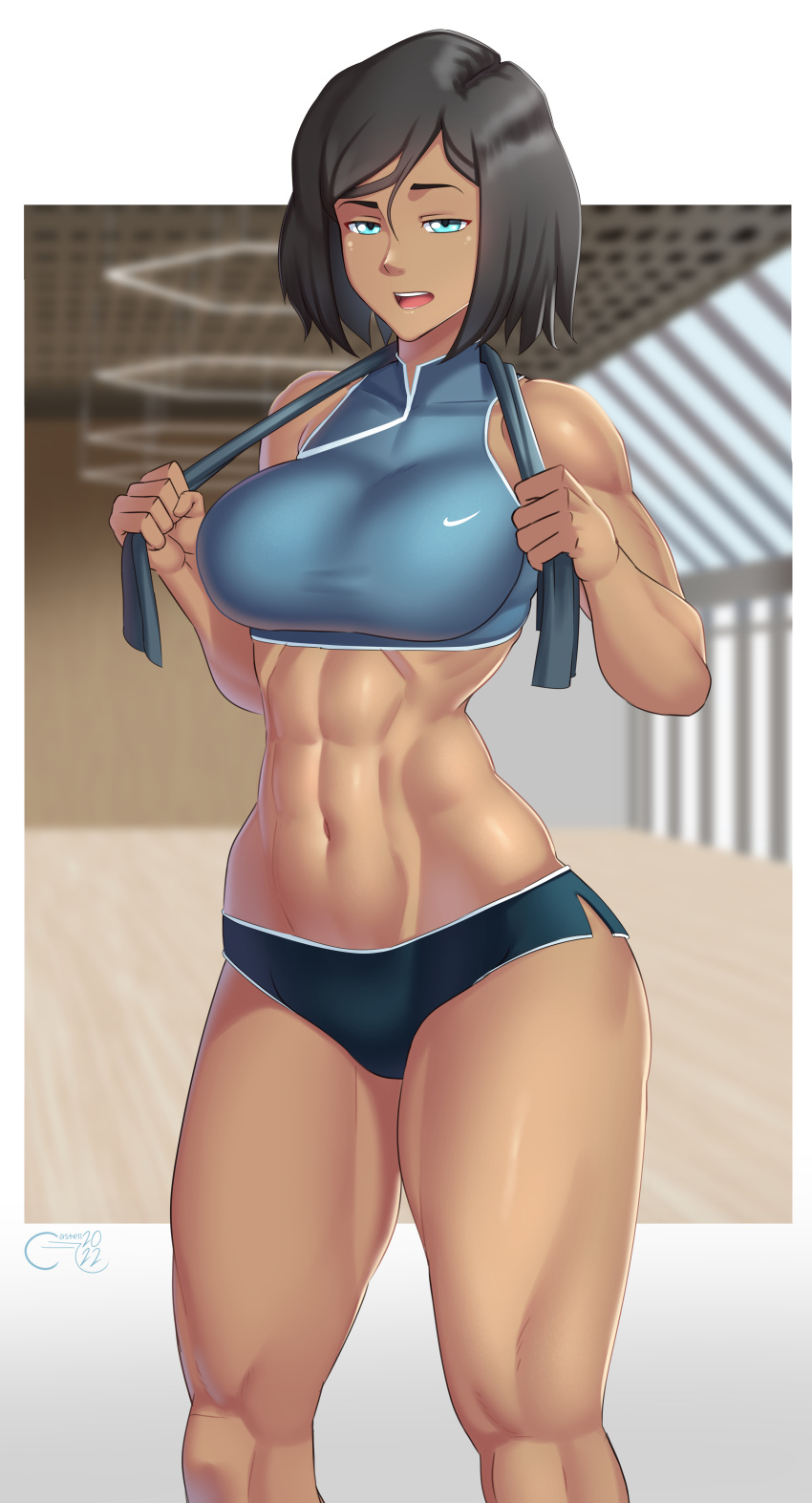 1girl abs absurdres avatar_(series) bangs bare_shoulders black_hair blue_eyes blue_shirt blue_shorts blue_sports_bra blurry blurry_background border breasts castell dark-skinned_female dark_skin english_commentary highres korra large_breasts looking_at_viewer muscular muscular_female navel open_mouth outside_border shirt short_hair short_shorts shorts signature sleeveless sleeveless_shirt solo sports_bra swept_bangs thighs white_border