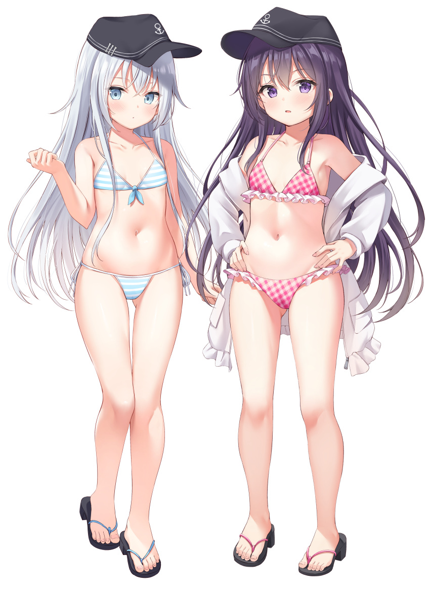 2girls absurdres akatsuki_(kancolle) alternate_costume bare_arms bare_legs bare_shoulders bikini black_hair blue_eyes blush breasts flat_cap flat_chest flip-flops frilled_bikini frills front-tie_top full_body hand_on_hip hat hibiki_(kancolle) highres kantai_collection long_hair looking_at_viewer messy_hair multiple_girls navel purple_hair sandals school_uniform serafuku simple_background standing string_bikini striped striped_bikini swimsuit swimsuit_under_clothes toes violet_eyes white_background xue_lu