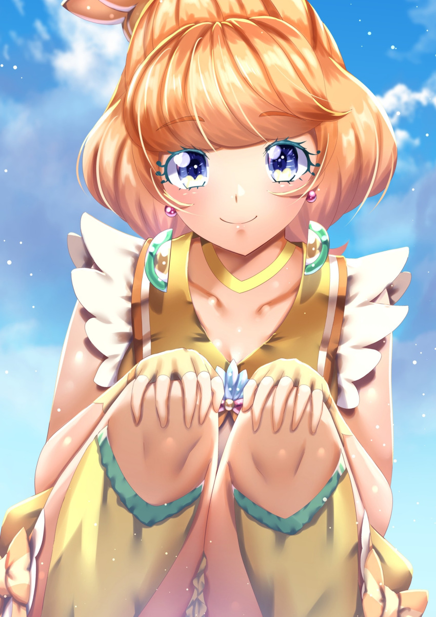1girl absurdres bangs blue_eyes blue_sky choker closed_mouth clouds collarbone cure_papaya curecycadura day earrings eyebrows_visible_through_hair eyelashes fingerless_gloves gloves hands_on_own_knees highres jewelry kneehighs looking_at_viewer makeup orange_hair outdoors precure sailor_collar shiny shiny_hair sky sleeveless smile solo tropical-rouge!_precure yellow_choker yellow_gloves yellow_legwear yellow_sailor_collar