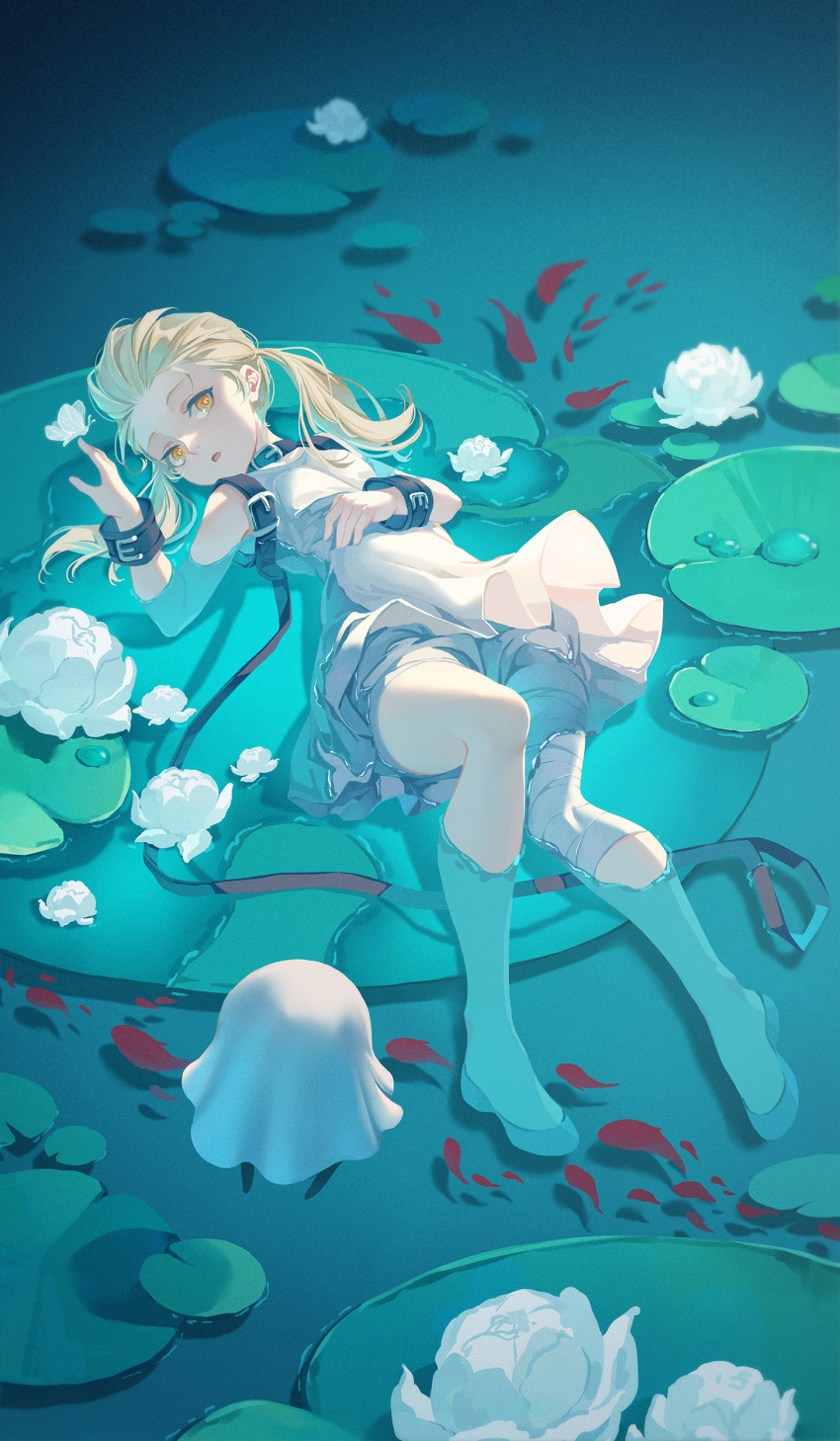 1girl absurdres bandaged_leg bandages bare_shoulders belt belt_collar blonde_hair bug butterfly child collar commentary dress fio_(nier) fish floating flower forehead frilled_dress frills full_body highres knee_up lily_pad looking_at_viewer lotus lying mama_(nier) nier_(series) nier_reincarnation on_back open_mouth orange_eyes pond short_twintails solo suaynnai_wanzi thighs torn_clothes torn_dress twintails water white_butterfly white_dress white_footwear
