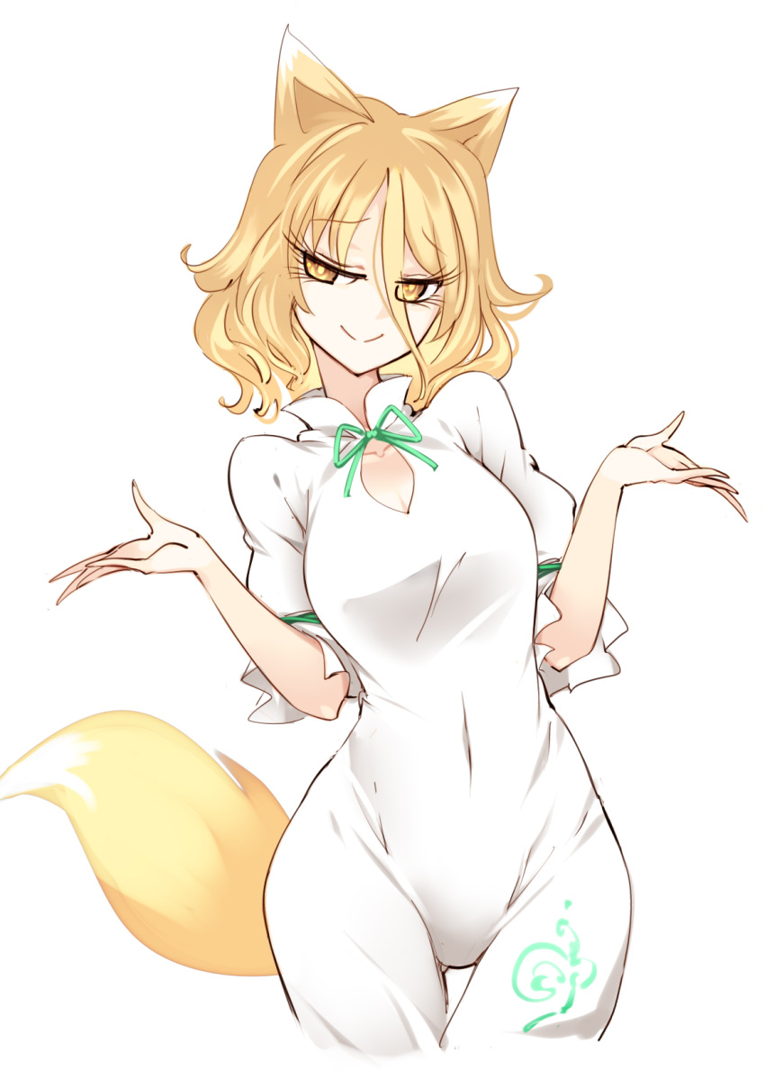 1girl animal_ears blonde_hair breasts closed_mouth collarbone cowboy_shot cropped_legs eyebrows_visible_through_hair fox_ears fox_tail green_ribbon highres kudamaki_tsukasa large_breasts raptor7 ribbon romper short_hair short_sleeves simple_background solo tail touhou white_background yellow_eyes