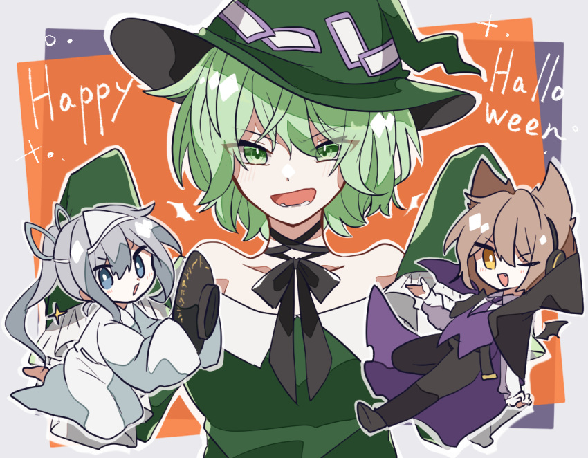 3girls :d ;d adapted_costume alternate_headwear bare_shoulders cape collarbone dagasitotaiyou dress eyebrows_visible_through_hair eyes_visible_through_hair fang ghost_costume green_dress halloween halloween_costume hat looking_at_viewer mononobe_no_futo multiple_girls ofuda one_eye_closed simple_background smile soga_no_tojiko teeth touhou toyosatomimi_no_miko triangular_headpiece witch_hat yellow_eyes
