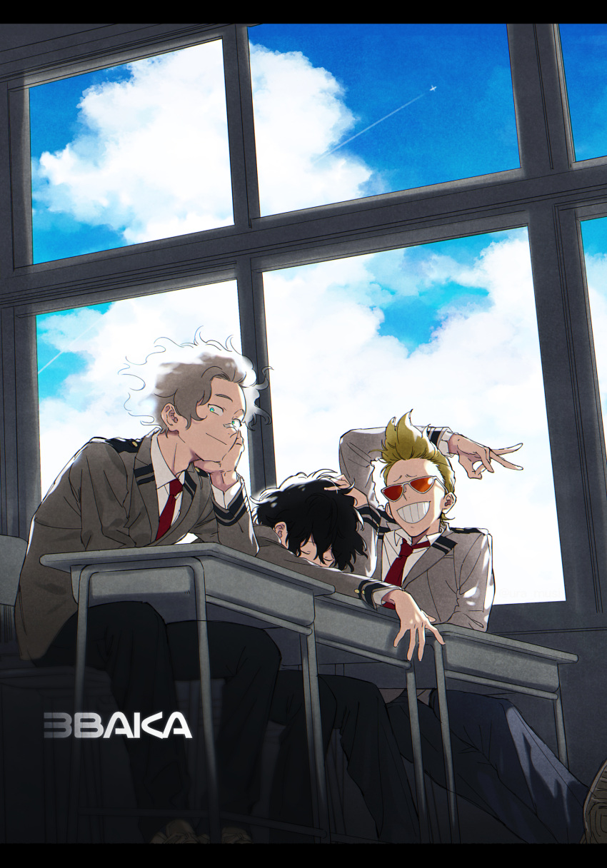 3boys aircraft arm_on_head black_hair blonde_hair blue_eyes blue_sky boku_no_hero_academia classroom clouds contrail desk eraser_head_(boku_no_hero_academia) fluffy foreground_text from_below grey_hair grin hand_in_hair hand_on_own_chin head_on_table head_rest highres leaning_back leaning_forward letterboxed looking_at_viewer loud_cloud male_focus multiple_boys present_mic quiff school_desk school_uniform shocker_(gesture) silver_hair sitting sky sleeping sleeping_upright smile sunglasses tinted_eyewear u.a._school_uniform ura_musi window younger