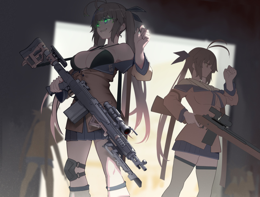3girls adapted_costume alternate_eye_color antenna_hair bare_shoulders battle_rifle breasts brown_hair commentary english_commentary eyebrows_visible_through_hair girls_frontline glowing glowing_eyes gradient_hair green_eyes grin gun long_hair m14 m14_(girls'_frontline) medium_breasts multicolored_hair multiple_girls multiple_persona off_shoulder orange_eyes pleated_skirt rifle sidelocks skindentation skirt smile thigh-highs tied_hair twintails very_long_hair warashi weapon