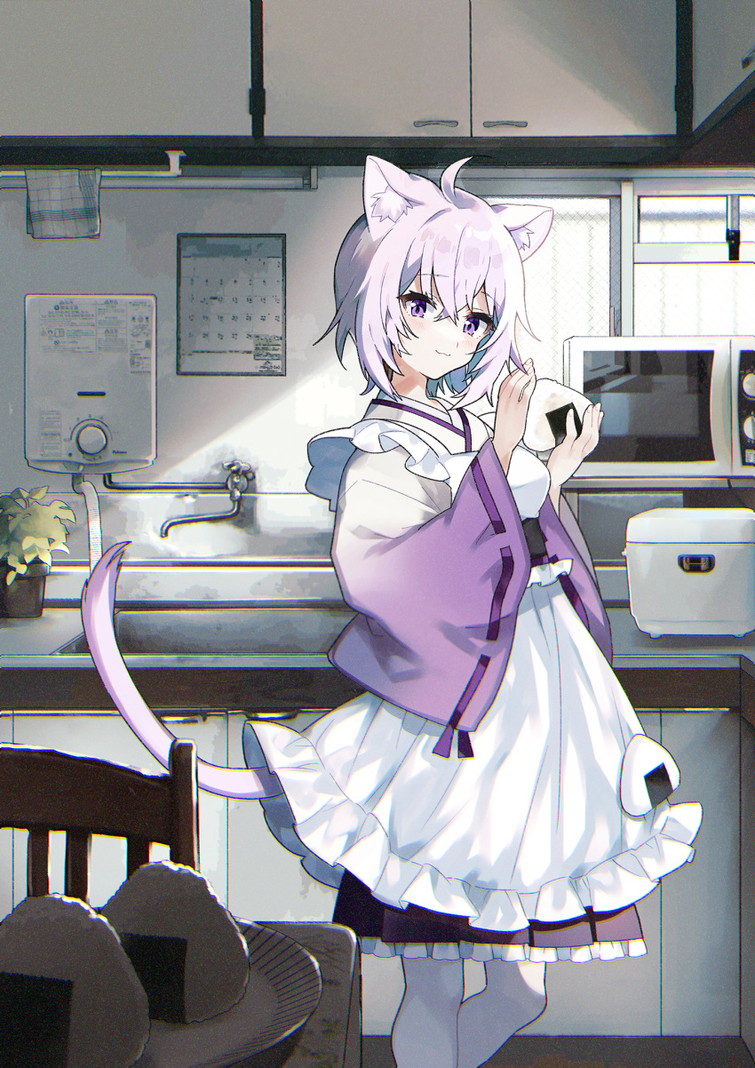 1girl ahoge animal_ear_fluff animal_ears apron bangs blush cat_ears cat_girl cat_tail closed_mouth commentary_request eyebrows_visible_through_hair food frilled_skirt frills hair_between_eyes highres holding holding_food hololive indoors japanese_clothes kimono kitchen long_sleeves looking_at_viewer microwave negiyan nekomata_okayu official_alternate_costume onigiri pantyhose plate purple_hair ribbon-trimmed_sleeves ribbon_trim rice_cooker sink skirt solo tail violet_eyes virtual_youtuber white_apron white_legwear wide_sleeves