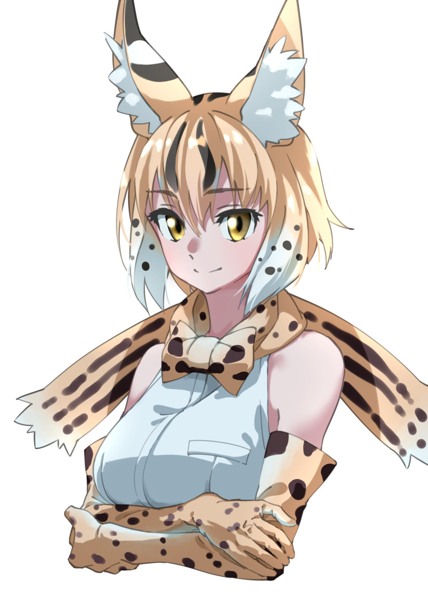 1girl absurdres animal_ear_fluff animal_ears arms_under_breasts bangs bare_shoulders black_hair blonde_hair bow bowtie breasts commentary cropped_torso elbow_gloves extra_serval_(kemono_friends) eyebrows_visible_through_hair gloves gradient_hair hair_between_eyes highres kemono_friends looking_at_viewer medium_breasts multicolored_hair print_bow print_bowtie print_gloves serval_print shirt simple_background sleeveless sleeveless_shirt smile solo tanabe_(fueisei) teeth upper_teeth white_background white_hair white_shirt yellow_eyes