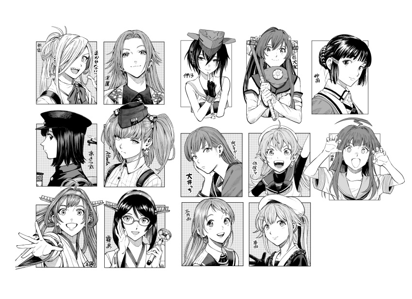 6+girls ahoge aircraft akitsu_maru_(kancolle) arm_up asashimo_(kancolle) atlanta_(kancolle) bangs beret blush bow bowtie breasts chain character_name closed_mouth commentary_request detached_sleeves double_bun earrings garrison_cap glasses gloves greyscale hair_bun hair_ornament hair_over_one_eye hair_ribbon hairband hairclip harusame_(kancolle) hat head_rest headgear highres hiro_(chumo) holding huge_ahoge i-13_(kancolle) japanese_clothes jewelry jun'you_(kancolle) kantai_collection kirishima_(kancolle) kongou_(kancolle) kuma_(kancolle) long_hair long_sleeves looking_at_viewer low_twintails microphone military military_uniform monochrome multiple_girls myoukou_(kancolle) ooi_(kancolle) open_mouth peaked_cap ponytail ribbon ribbon-trimmed_sleeves ribbon_trim sado_(kancolle) sailor_collar samidare_(kancolle) school_uniform serafuku sharp_teeth shirt short_hair side_ponytail simple_background single_earring sleeveless smile star_(symbol) star_earrings suspenders teeth translated translation_request twintails two_side_up undershirt uniform upper_body yamato_(kancolle)