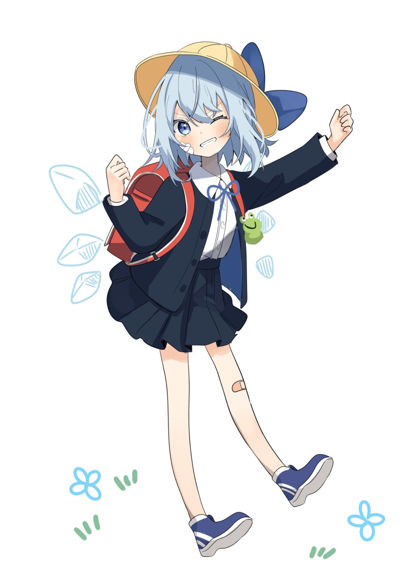 1girl ;d alternate_costume backpack bag bandaid bangs black_jacket black_skirt blue_bow blue_eyes blue_footwear blue_hair bow cirno collared_shirt eyebrows_visible_through_hair full_body grin hat highres ice ice_wings jacket long_sleeves looking_at_viewer one_eye_closed open_clothes open_jacket pleated_skirt sabatuki school_hat school_uniform shirt short_hair simple_background skirt smile solo touhou v-shaped_eyebrows white_background white_shirt wings yellow_headwear