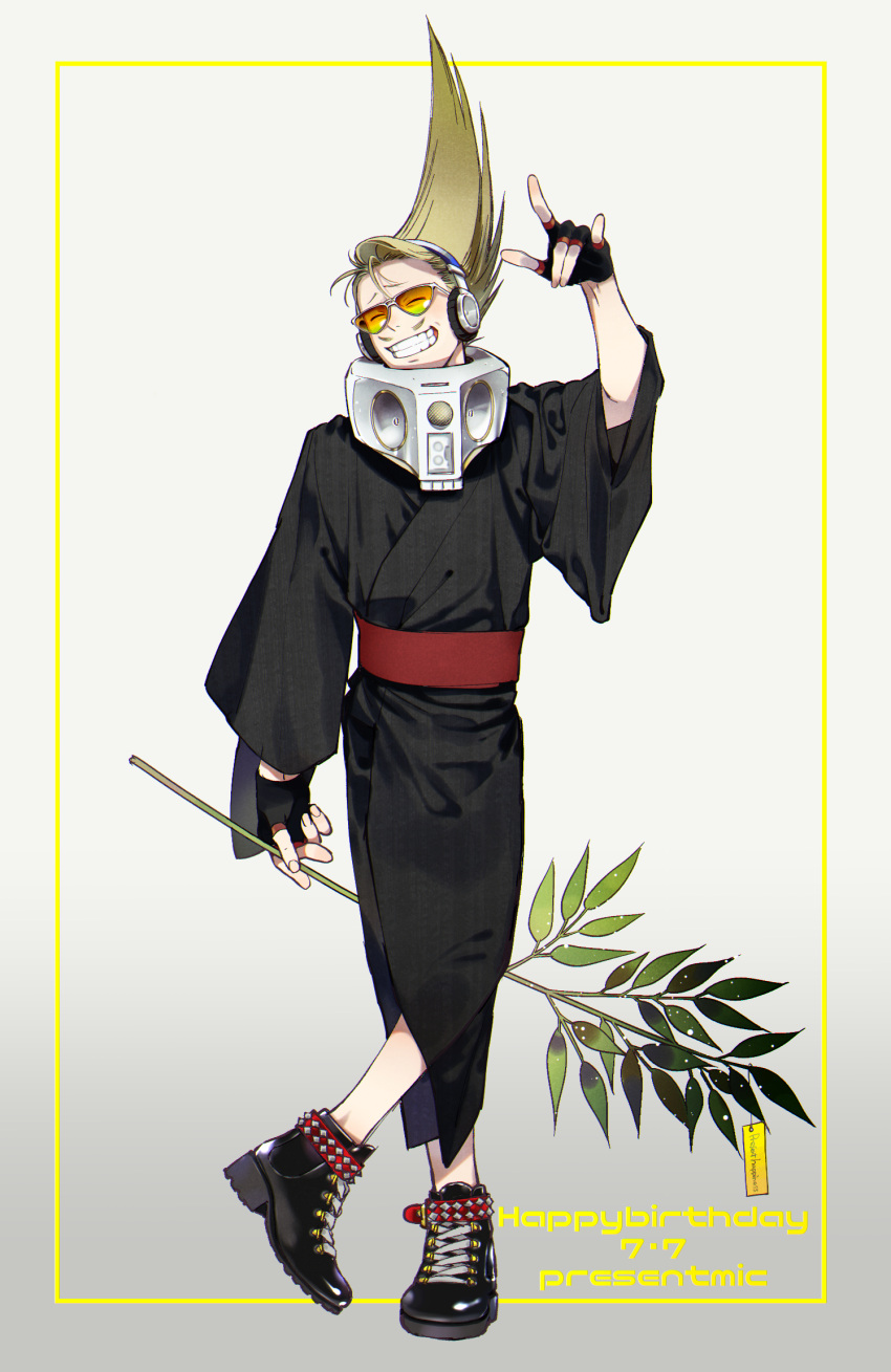 1boy :d \n/ amplifier ankle_boots boku_no_hero_academia boots branch character_name closed_eyes crested_hair dated english_text fingerless_gloves full_body gloves grin hair_up hand_up happy_birthday headphones highres holding holding_branch japanese_clothes kimono male_focus outside_border present_mic simple_background smile solo spikes standing standing_on_one_leg sunglasses tag teeth tinted_eyewear ura_musi