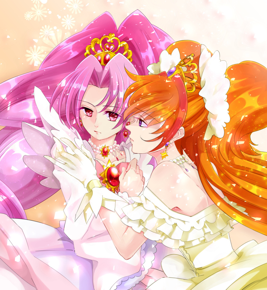 2girls akagi_towa amanogawa_kirara bangs bare_shoulders bow brooch brown_hair closed_mouth cure_scarlet cure_scarlet_(dress_up_premium) cure_twinkle cure_twinkle_(dress_up_premium) dress earrings expressionless frills gloves go!_princess_precure hair_ornament highres jewelry komanana320 long_hair looking_at_another looking_to_the_side magical_girl multicolored_hair multiple_girls orange_background parted_bangs pink_dress pink_hair precure profile red_bow red_eyes redhead star_(symbol) star_earrings streaked_hair two-tone_hair upper_body violet_eyes yellow_dress yellow_gloves