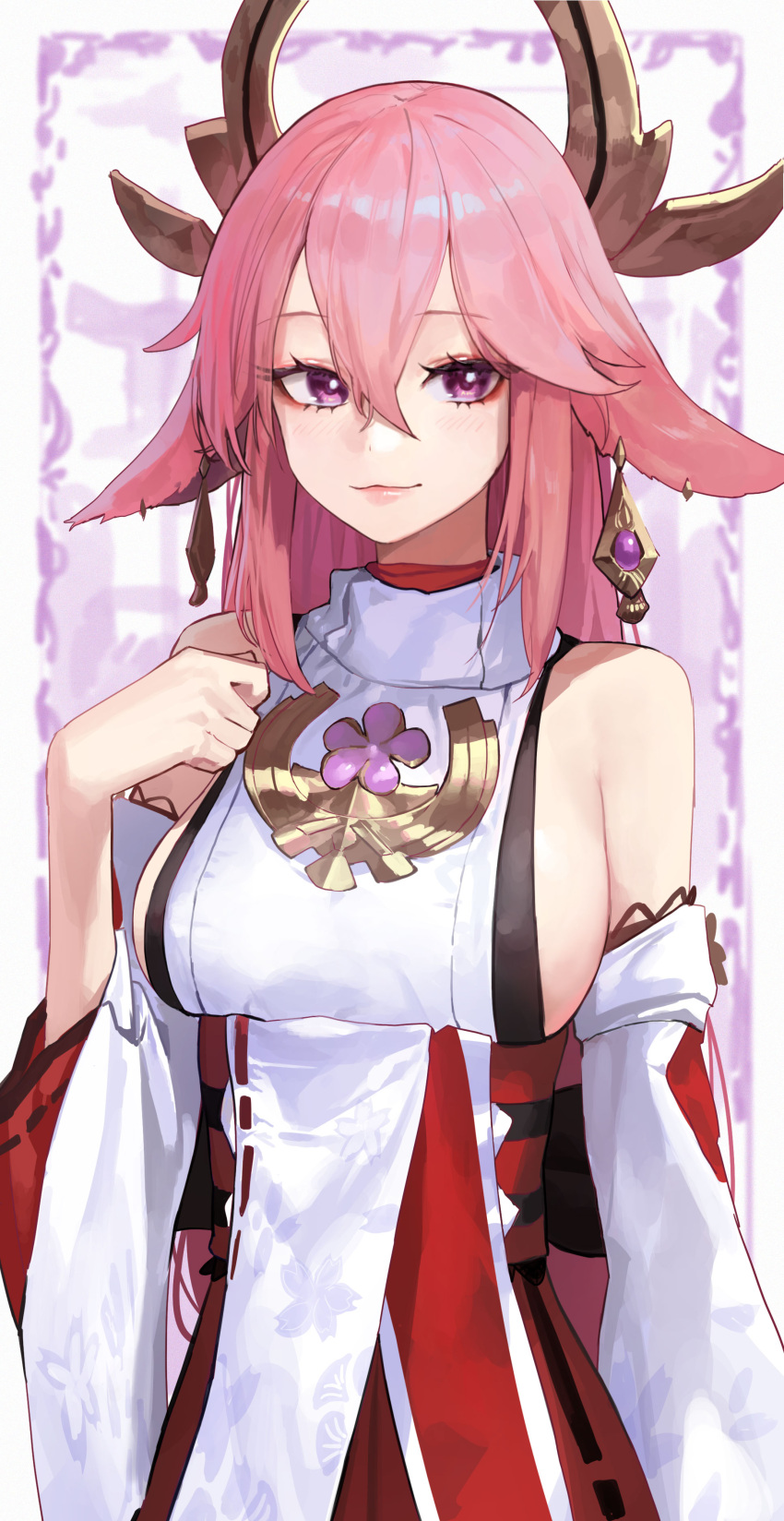 1girl absurdres animal_ears bare_shoulders breasts closed_mouth commentary dated_commentary detached_sleeves dress earrings eyebrows_visible_through_hair flower fox_ears genshin_impact hand_up highres horns jewelry large_breasts long_hair looking_at_viewer mac_star pink_eyes pink_hair purple_flower sideboob sleeveless sleeveless_dress smile solo upper_body white_background white_dress white_sleeves yae_(genshin_impact)