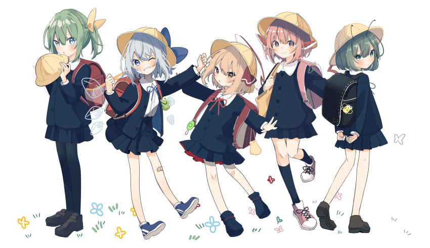 5girls :t ;d alternate_costume animal_ears antennae backpack bag bandaid bangs bird_wings black_footwear black_jacket black_legwear black_skirt blonde_hair blue_bow blue_eyes blue_footwear blue_hair blush bow brown_eyes bug butterfly buttons cirno closed_mouth collared_shirt daiyousei eyebrows_visible_through_hair fairy_wings flower full_body green_eyes green_hair grin hair_between_eyes hair_bow hair_ribbon hands_up hat highres holding holding_clothes holding_hat ice ice_wings jacket kneehighs leg_up long_sleeves looking_at_viewer looking_back multiple_girls mystia_lorelei one_eye_closed open_clothes open_jacket open_mouth outstretched_arms pink_bag pink_footwear pink_hair pleated_skirt pout randoseru red_bag red_eyes red_ribbon ribbon rumia sabatuki school_hat school_uniform shirt shoes short_hair side_ponytail simple_background skirt smile sneakers standing team_9 touhou v-shaped_eyebrows white_background white_footwear white_shirt white_wings wings wriggle_nightbug yellow_bag yellow_bow yellow_headwear