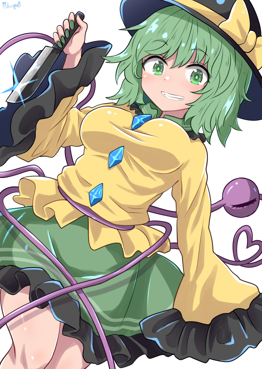 blouse bow buttons chups collared_blouse diamond_button eyeball frilled_shirt_collar frilled_sleeves frills green_eyes green_hair green_skirt hat hat_bow hat_ribbon heart heart_of_string highres holding holding_weapon knife komeiji_koishi light_green_hair long_sleeves ribbon shirt skirt third_eye touhou weapon wide_sleeves yellow_blouse yellow_shirt