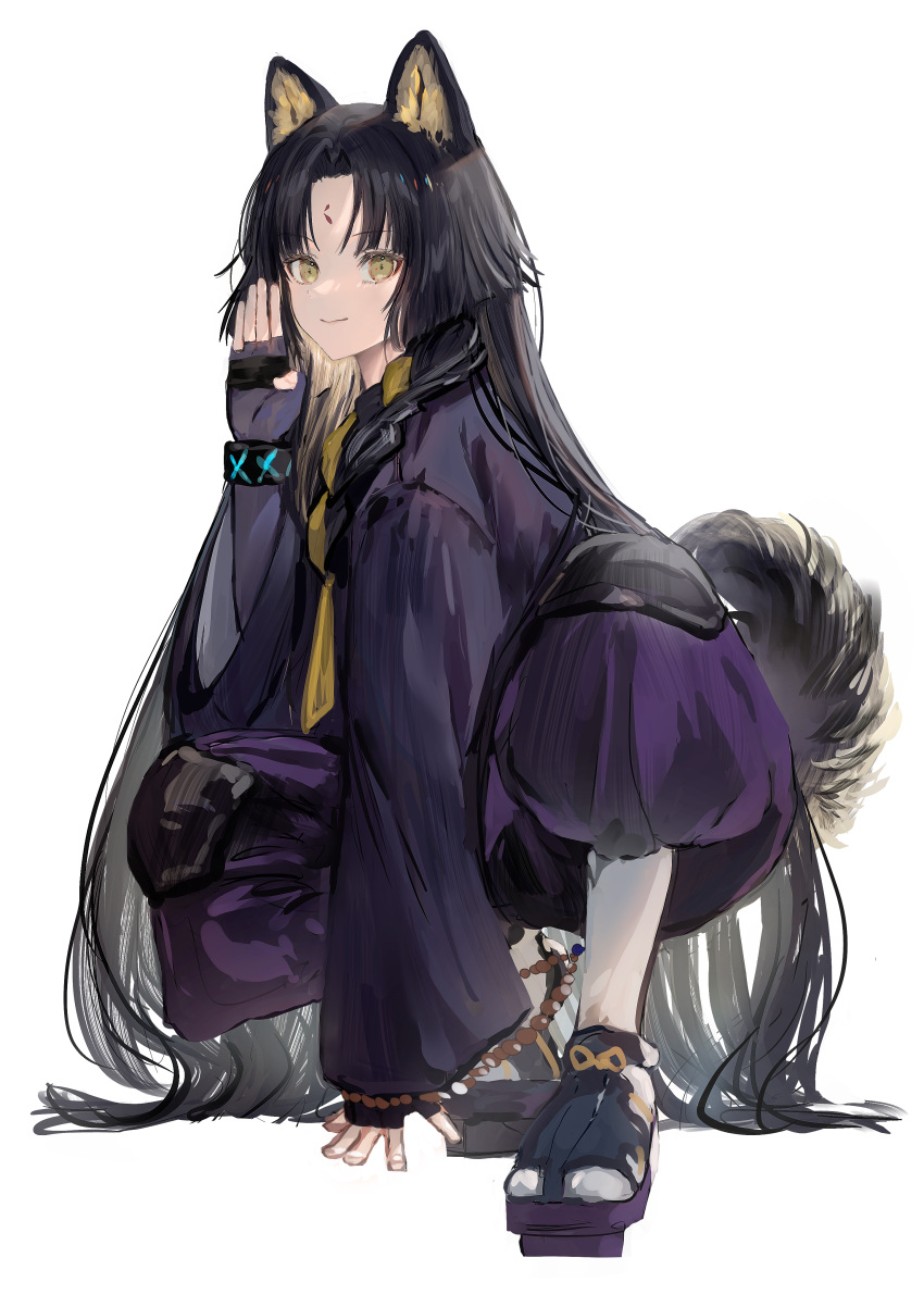 1girl absurdres animal_ears anklet arknights bangs bracelet braid closed_mouth dog_ears dog_girl dog_tail elbow_gloves eyebrows_visible_through_hair facial_mark fighting_stance fingerless_gloves forehead_mark full_body geta gloves highres infection_monitor_(arknights) japanese_clothes jewelry kimono knee_pads long_hair looking_at_viewer nanaponi parted_bangs purple_gloves purple_kimono saga_(arknights) side_braid simple_background smile solo squatting straight_hair tabi tail very_long_hair white_background white_legwear yellow_eyes