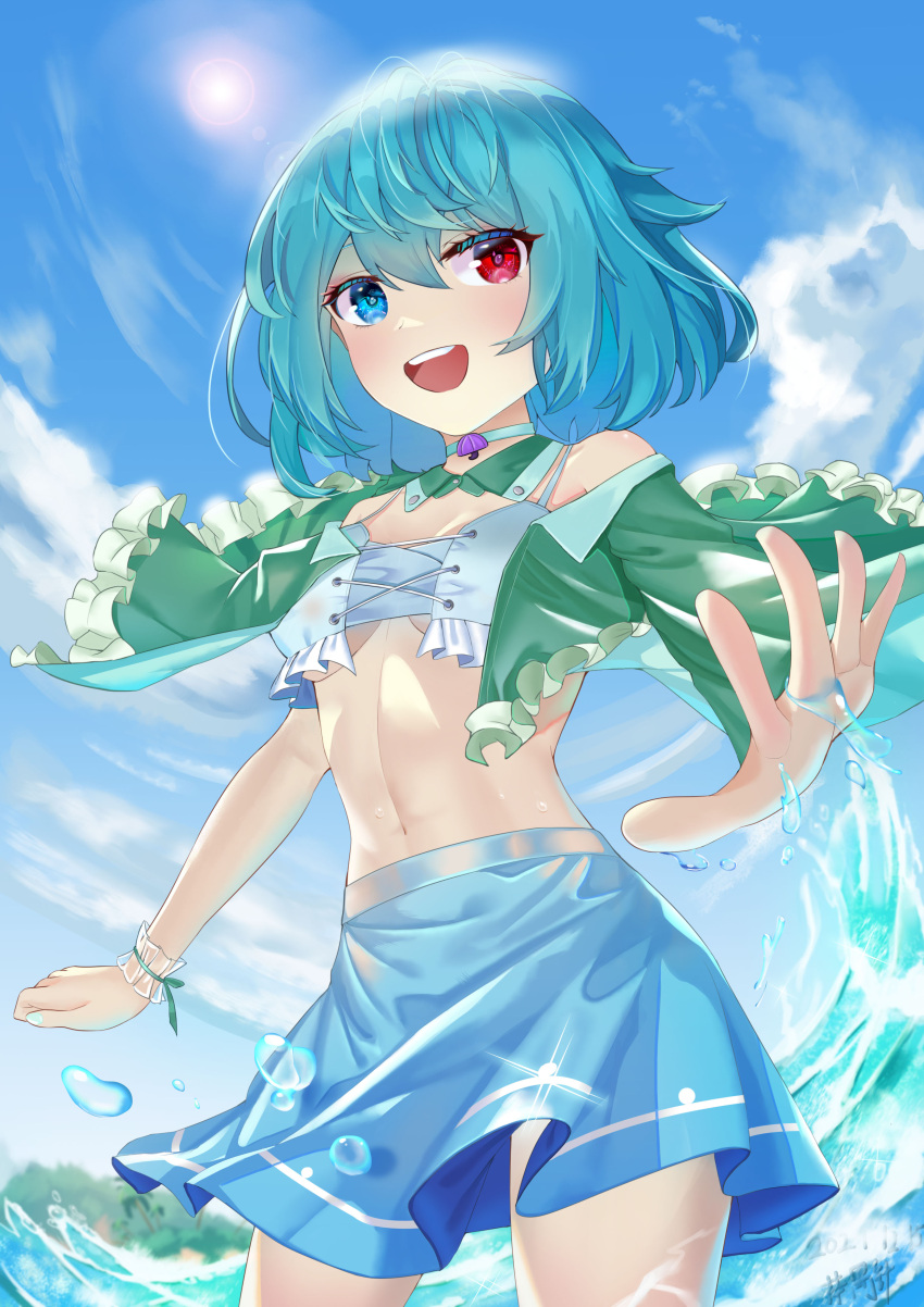 1girl absurdres bangs bare_shoulders blue_eyes blue_hair blue_skirt blue_sky blush breasts breasts_apart collarbone day eyelashes heterochromia highres looking_at_viewer open_mouth outdoors red_eyes short_hair skirt sky small_breasts solo standing tatara_kogasa touhou user_keva2754 water water_drop wrist_cuffs