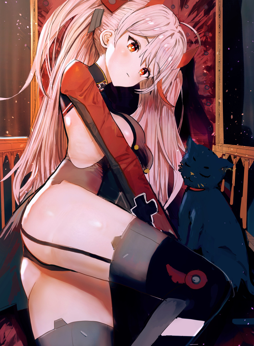 1girl absurdres ah_(pixiv62888100) ahoge animal ass azur_lane black_cat black_legwear black_leotard breasts cat garter_straps hair_ornament highres large_breasts leotard long_hair long_sleeves multicolored_hair prinz_eugen_(azur_lane) sideboob solo streaked_hair thigh-highs thighs twintails white_hair