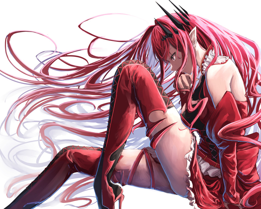 1girl absurdres bangs bare_shoulders boots breasts cross-laced_footwear detached_sleeves dress fairy_knight_tristan_(fate) fate/grand_order fate_(series) from_side highres knee_up lace-up_boots large_breasts long_hair long_sleeves pointy_ears red_dress red_footwear red_sleeves redhead sitting solo thigh-highs thigh_boots thighs white_background yagi_(yagi5art)